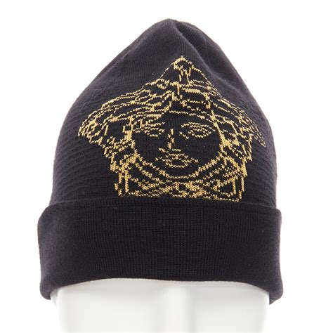 new VERSACE black gold Medusa logo wool blend beanie hat at 